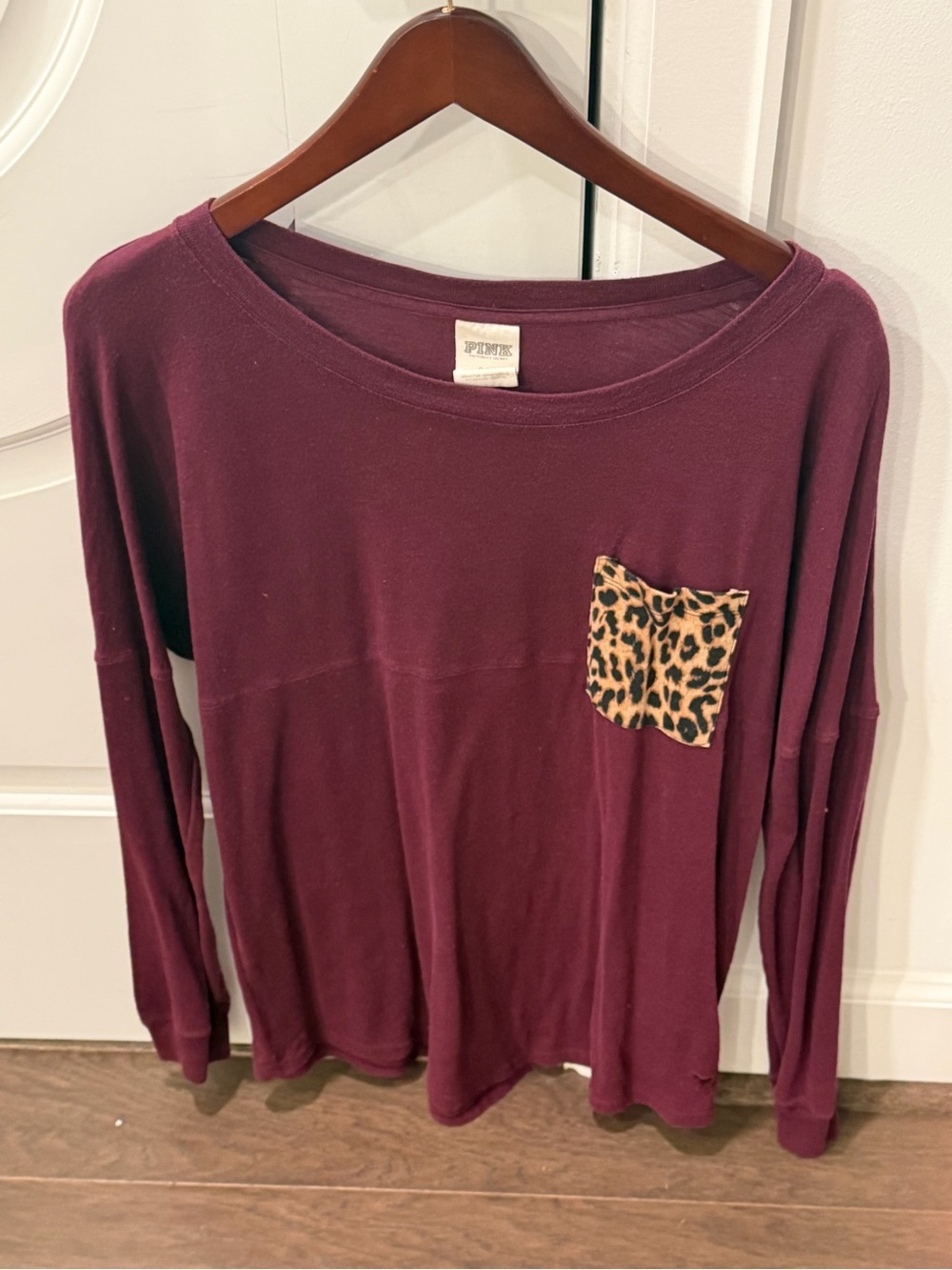 PINK Victoria's Secret Plum Long-Sleeve Top with Leopard Print Pocket
